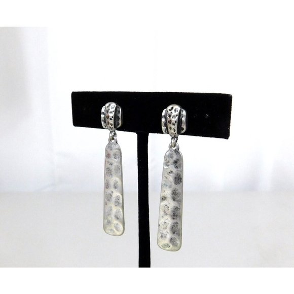 Drop Dangle Silver Tone Bar Style Hammered Pierced Earrings - Picture 4 of 8